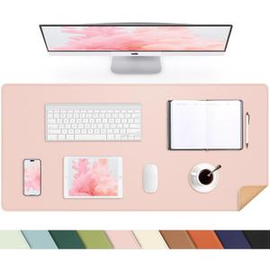Leather Desk pad Protector, Large Desk mat with Natural Cork & PU Leather,Mouse pad,Non-Slip Office Desk Mat,Waterproof Desk Writing Pad for Office and Home (35in*17in, Rose Pink)