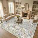 Living Room Rug 9x12: Large Vintage Floral Area Rug - Machine Washable Non Slip Low Pile Foldable Area Rug - Bedroom Dining Room Family Room Open Floor Farmhouse Indoor Carpet - 9'x12' Beige