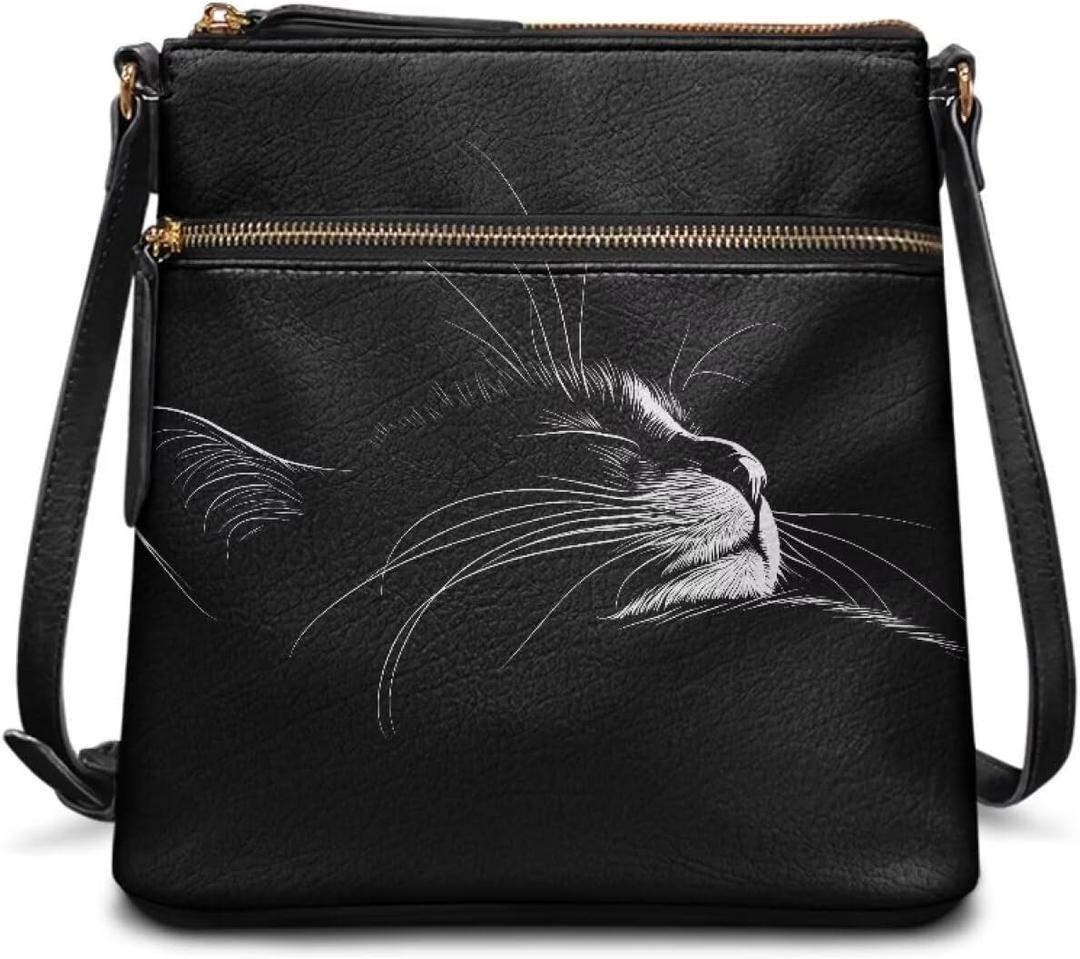 Leather Purses for Women, Leather Hobo Bags for Women Vintage Travel Sling Purse Multi Pockets Shoulder Bag (Fashionable Black Cats)