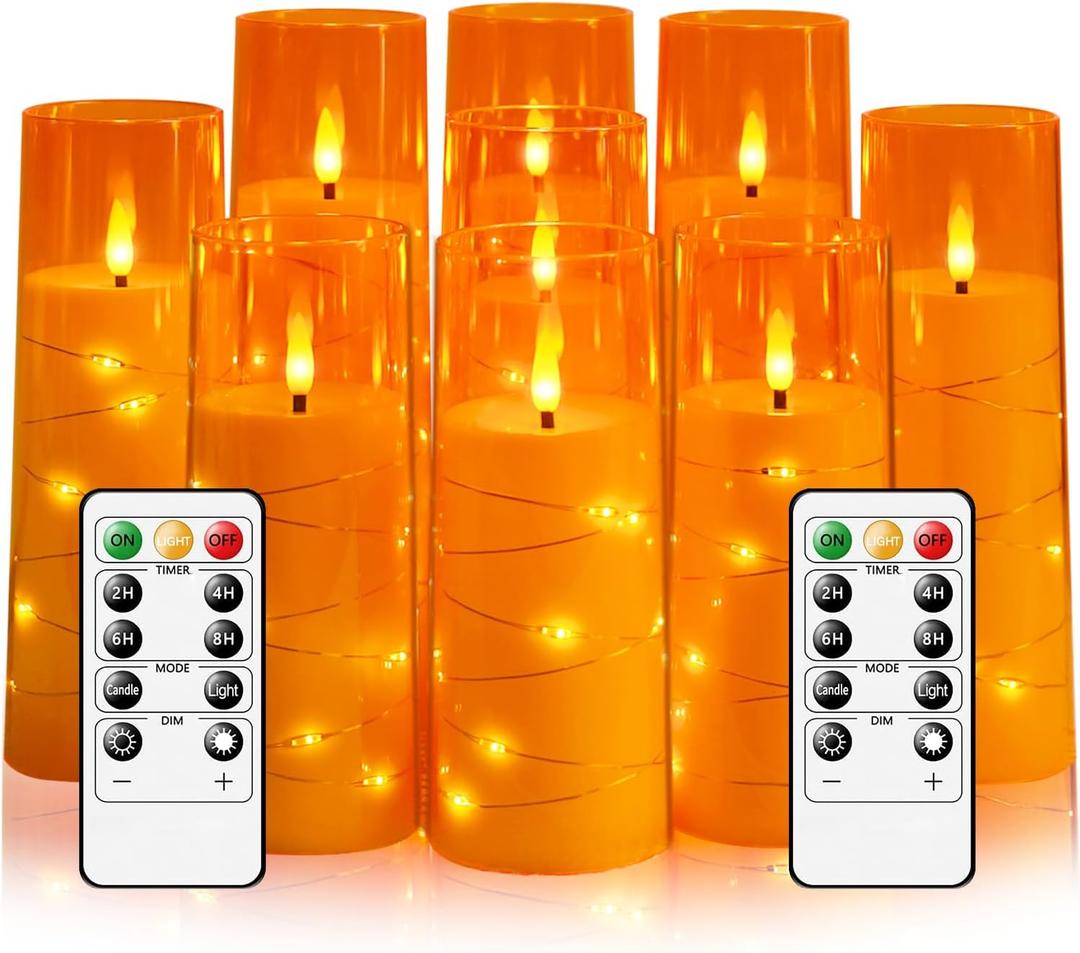 Flameless LED Candles with Timer 9 Pc Flickering Flameless Candles for Romantic Ambiance and Home Decoration Stable Acrylic Shell,with Embedded Star StringBattery Operated CandlesOrange