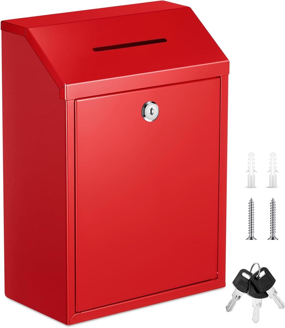 Yaocom Metal Money Donation Cash Box Collection Safe Suggestion Box with Lock Wall Mounted Mailbox Delivery Ballot Container for Home Office Outdoor Farmstand(Red,11.81 x 8.58 x 4.72 Inch)