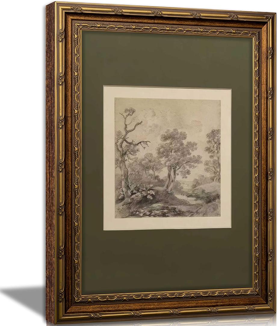 Vintage Gold Framed Wall Art Tree Forest Landscape Painting Canvas Prints Green Gray Tree Natural Sketch Picture Rustic Farmhouse Poster Artwork for Living Room Bedroom Bathroom, 12x16in