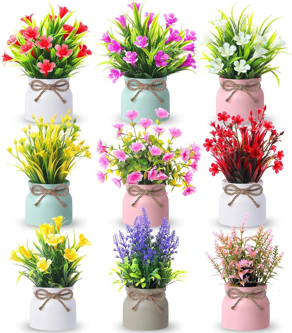 9 Pack Small Artificial Potted Flowers Spring Floral Tables Centerpieces Mini Fake Plastic Plants Flowers in Vase for Spring Indoor Home Office Desktop Decorations