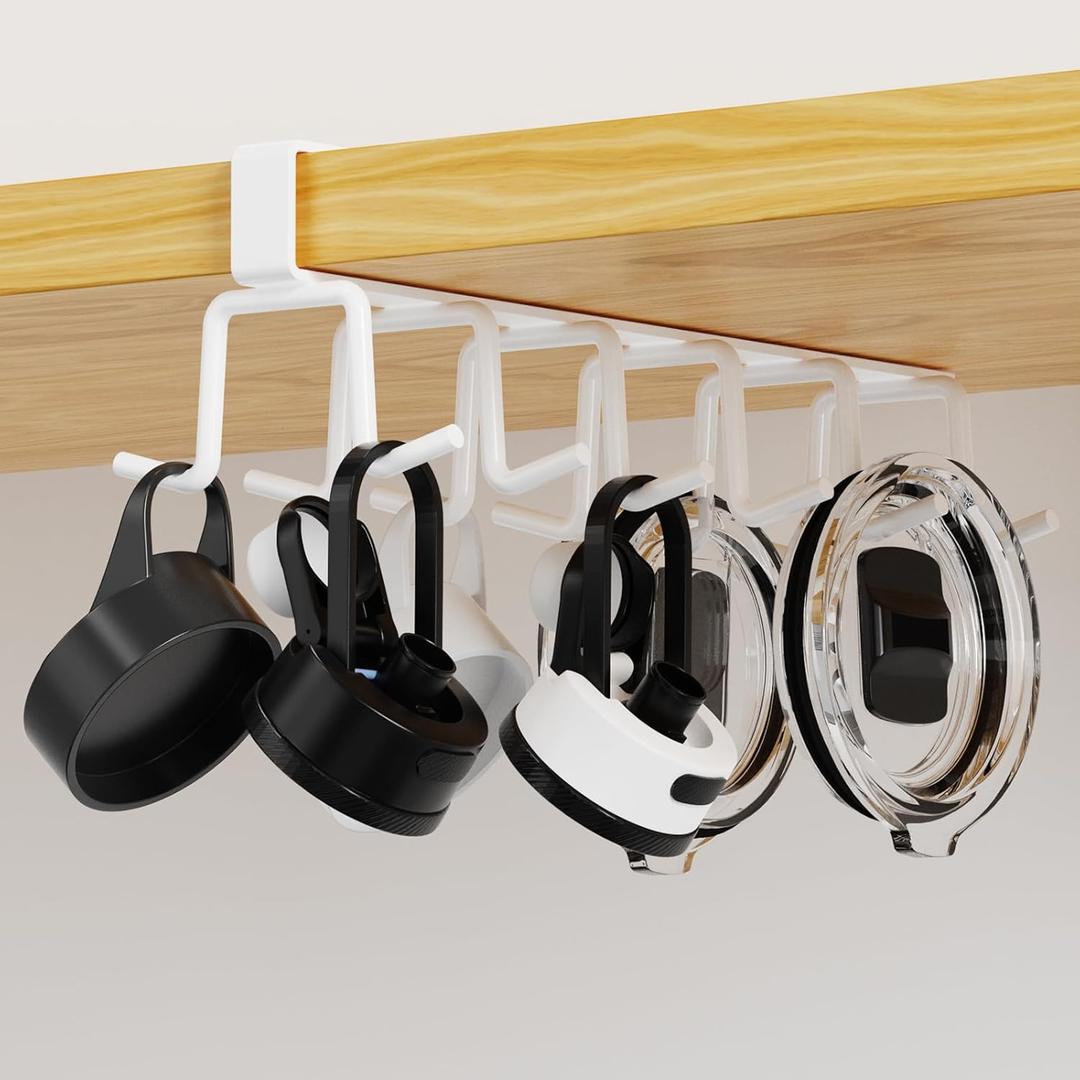 Tumbler Lid Organizer, Space Saving Water Bottle Lid Organizers Under Cabinet Cup Lid Organizers Multi-Purpose Hook for Kitchen Organizer and Storage (White)