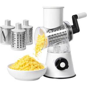 Cheese Grater Hand Crank, Rotary Cheese Grater with Strong Suction Base, 3-in-1 Manual Vegetable & Nut Slicer, Stainless Steel Blades for Cheese, Potato, Carrot, Cucumber, White