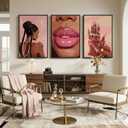 Large Framed Pink African American Black Girl Canvas Wall Art, 3 Piece, 24"W x 36"H x 3 Pieces