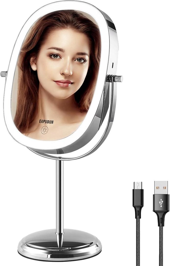 EAPUDUN Lighted Makeup Mirror 9"  2-Sided Tabletop Vanity Mirror with 7X Magnification, 3 Color Lighting Modes, Rechargeable, 360 Rotation, 84 LED Lights (Chrome)