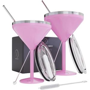 8 oz. Vacuum Sealed Martini Glass - Stainless Steel Ideal for Mother's Day Gift, Insulated Tumbler with Straws, Olive Pins, Straw Cleaner, Insulated Glass for Travelling | Drinkware (Pink)