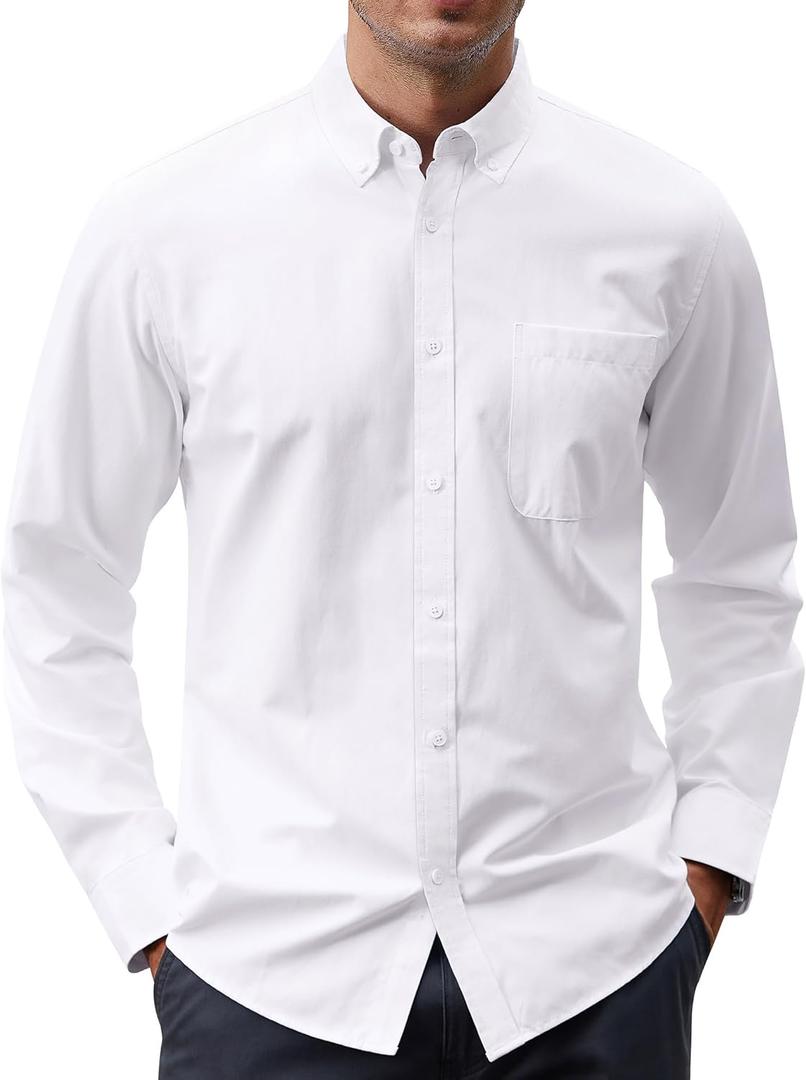 J.VER Men's Oxford Shirt Solid Casual Button Down Collar Shirts Long Sleeve Dress Shirts with Pocket (Large, White)