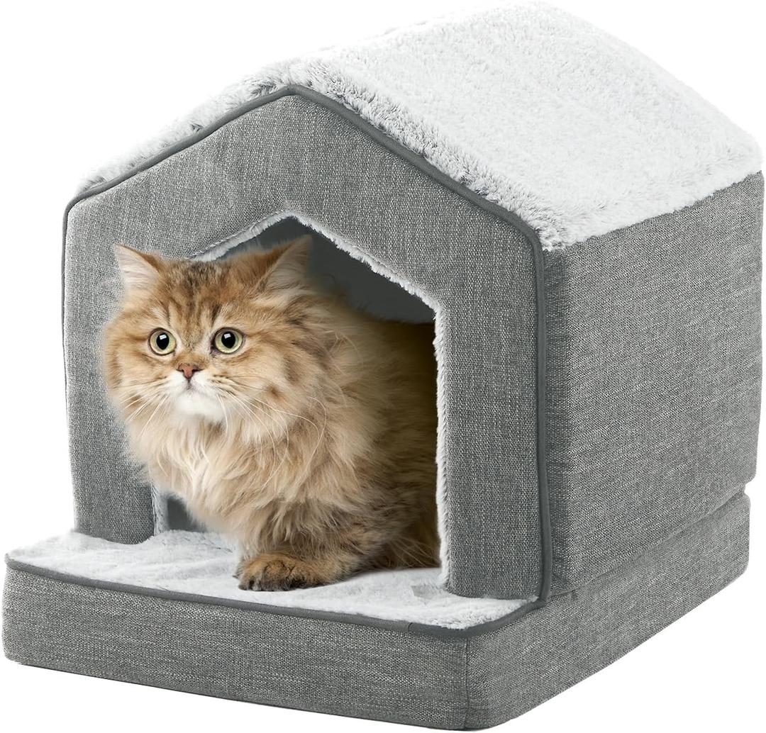 Orthopedic Cat House for Indoor Cats,Small Dogs,Super Soft Cat Bed Cave,Condos, Cubes,Cat Hideaway,Covered,Cat Bed for Kitty Small Medium Large Pet (Gray, 18" L x 15" W x 17" Th)