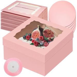 qiqee 12x12x6 Cake Box, 18 Sets Pink Cake Box with Window  18 Sets 8" Cake Round Boards, 8inch Cake Containers, 10 Meters Silk Ribbon