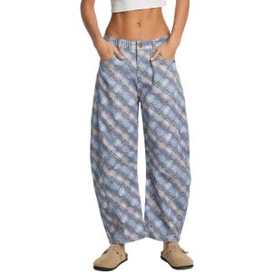 Women's Printed Barrel Jeans Wide Leg Baggy Denim Pants Mid Rise Boyfriend Plaid Pants Y2k Distressed Trousers Deepblue (US 26)