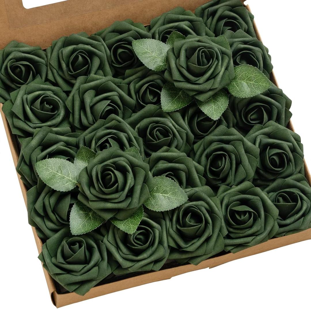 Ling's moment Artificial Flowers 25Pcs Emerald Green Roses Decor w/Stems,3" DIY Foam Floral for Wedding Bouquet/Centerpieces, Outdoors Party Backdrop, Room/Table, and Garden/Pot Decorations