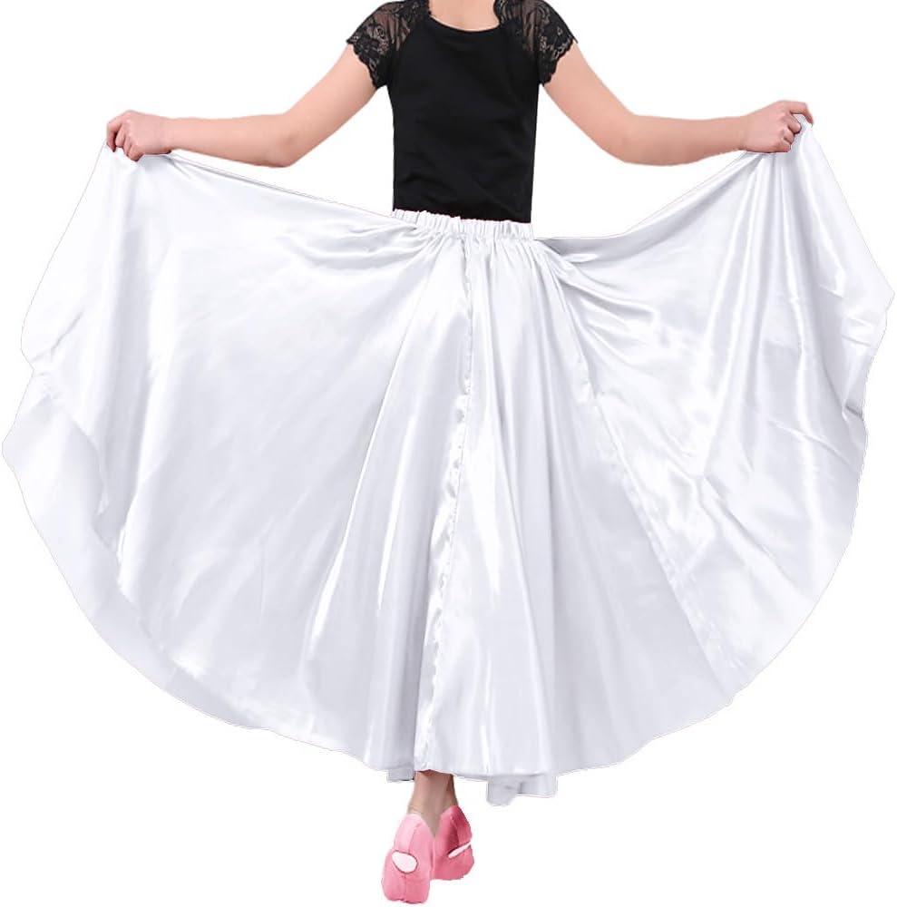 Girls Stretched Shiny Satin Flowy Long Skirt for Belly Dance Flamenco (8-12 Years, White)