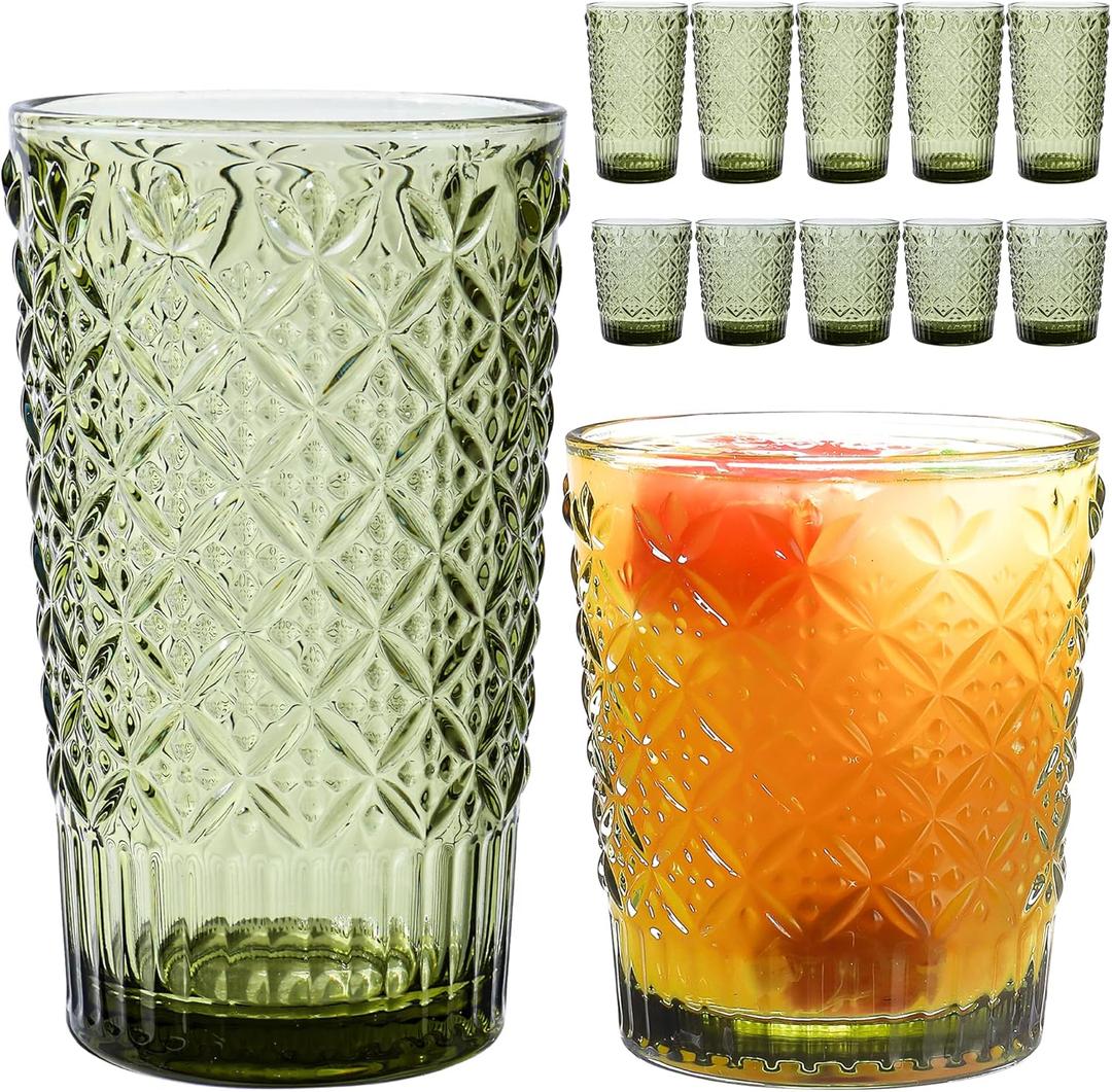 Green Drinking Glasses Set of 12, 14 Oz Highball & 10 Oz Cocktail Glasses, Green Kitchen Vintage Glassware Set, Floral Embossed Glass Tumbler Cups for Coffee, Beer, Water, Whiskey, Juice