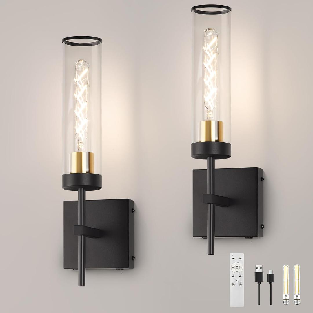 Wall Sconces,Battery Operated Wall Sconce 10400mAh Black and Gold Fast Chargin Endurance 150 Hours Infinitely Dimmable with Remote Control Wireless Wall Lights for Bedroom Living Room Hallway (BK GD&Metal Edge-3000K)