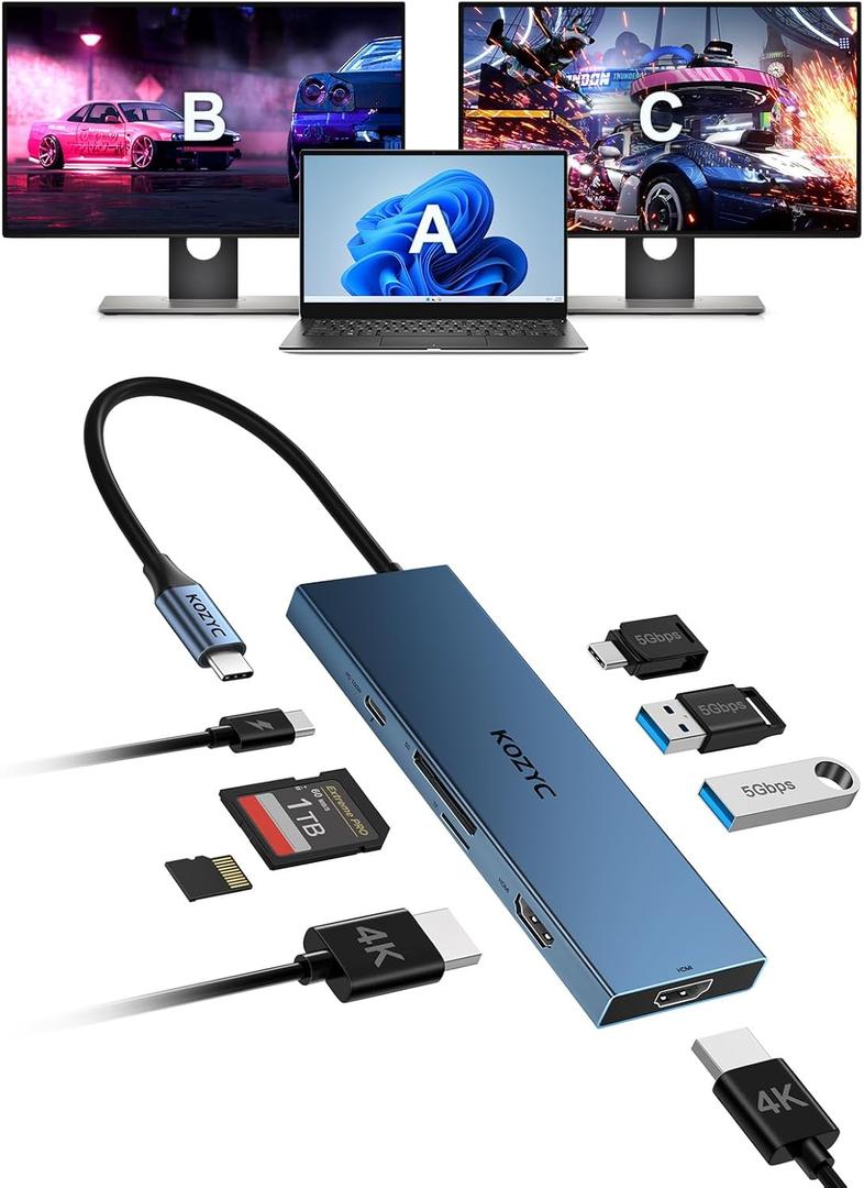 KOZYC USB C Docking Station Dual Monitor, 8-in-1 USBC Hub with 2 HDMI Ports, USB-C 3.0, 2xUSB-A 3.0, SD/TF, 100W PD, Compatible with HP, Dell