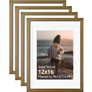 KINLINK 12x16 Picture Frame Brown, Solid Wood Frames with Acrylic Plexiglass for Pictures 11x14/9x12 with Mat or 12x16 without Mat,Wall Display Photo Frame, Set of 4