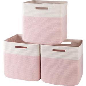 OIAHOMY 13 Inch Cube Storage Bins, 3-Pack Cotton Rope Woven Baskets for Organizing, Insert Storage Baskets for Shelves, Baby Nursery, Closet Organizer, 13 * 13 * 12.6IN, Pink & White