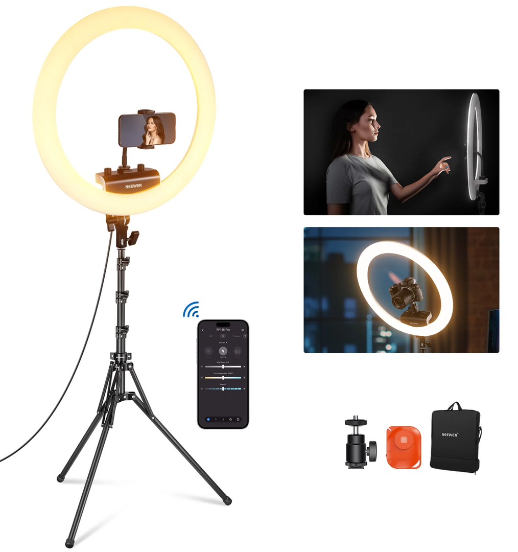 NEEWER RP18B Pro Ring Light 18" with Tripod Stand and Phone Holder Compatible with iPhone, 45W 2900K-7000K App Control Cleaning Cloth, Selfie Video Recording Makeup Studio Streaming Lighting, Black