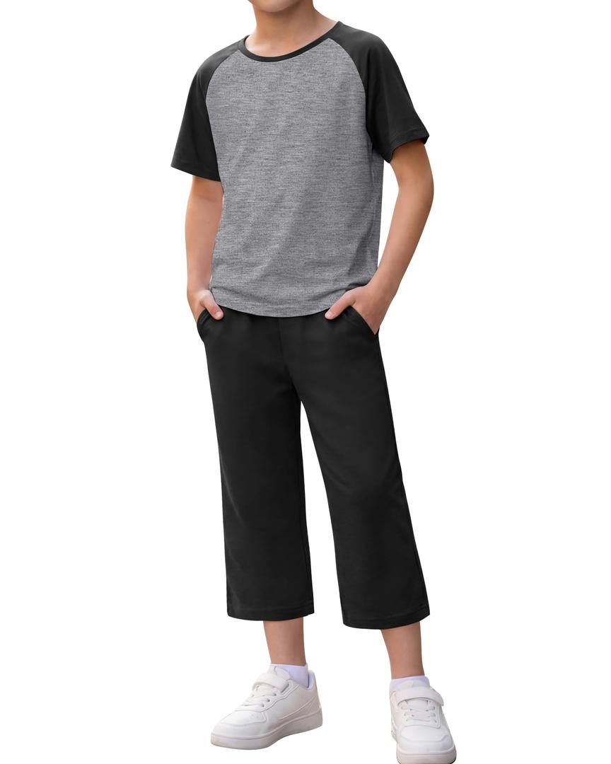 2 x JoyMotion Boys 2 Piece Outfit Set, Light Mix Gray/Black, 8-9 Years (Gray)