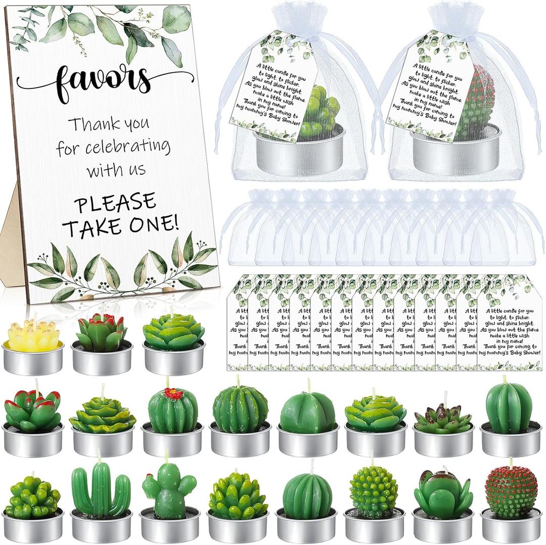 MTLEE 36 Sets Succulent Candles Baby Shower Favors for Guests Include 36 Plant Tealight Candles 36 Thank You Tags 36 Organza Bags Wooden Standing Sign for Gender Reveal Gifts(Greenery)