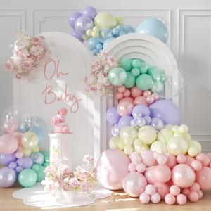 Pastel Rainbow Balloon Garland Arch Kit 126Pcs Double Stuffed Pearl Pink Blue Yellow Peach Purple Turquoise Clear Balloons for Birthday Party Baby Shower Gender Reveal Easter Spring Day Decorations