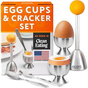 Epar Egg Topper Cutter Set  Stainless Steel Egg Cracker Tool & Egg Shell Opener  Egg Cups for Soft Boiled Eggs  Boiled Egg Holder  Egg Spoons and Egg Opener Tool for Breakfast (Yellow Rubber Handle)