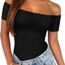 REORIA Women Sexy Off The Shoulder Short Sleeve Backless Basic Double Lined Thong Bodysuit Tops (Small, Black Onyx)