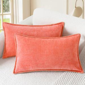 CaliTime Throw Pillow Covers Decorative 12 X 20 Inches Pack of 2 Cotton Thread Stitching Edges Solid Dyed Soft Chenille Cushion Cases for Couch Sofa Bed Living Room Farmhouse Living Coral
