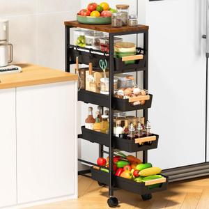 SUNALLY Slim Storage Cart with Pull-Out Baskets, 5-Tier Rolling Kitchen Cart with Wooden Top & Lockable Wheels, Narrow Space Utility Cart Organizer for Kitchen, Bathroom, Laundry Room, Black
