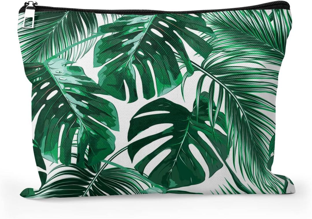Cafl Hawaiian Palm Leaf Makeup Bag Tropical Palm Trees Cosmetic Bag Zipper Pouch Large Toiltry Bag Travel Linen Make Up Organizer Purse for Women 108Inch