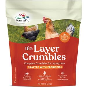 Manna Pro Chicken Feed, 16% Protein Layer Crumbles with Probiotics for Digestive Health, Complete Feed for Laying Hens to Support Egg Production, Nutrient-Rich Chicken Food, Made in USA, 8 lb Bag (EXP 06/20/25)
