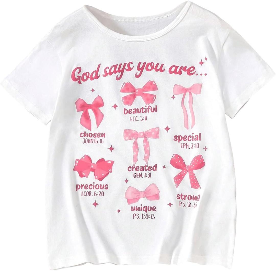 BEAUDRM Girl's Bow Shirt Cute Graphic Tees Letter Print Short Sleeve Crew Neck Summer T Shirt