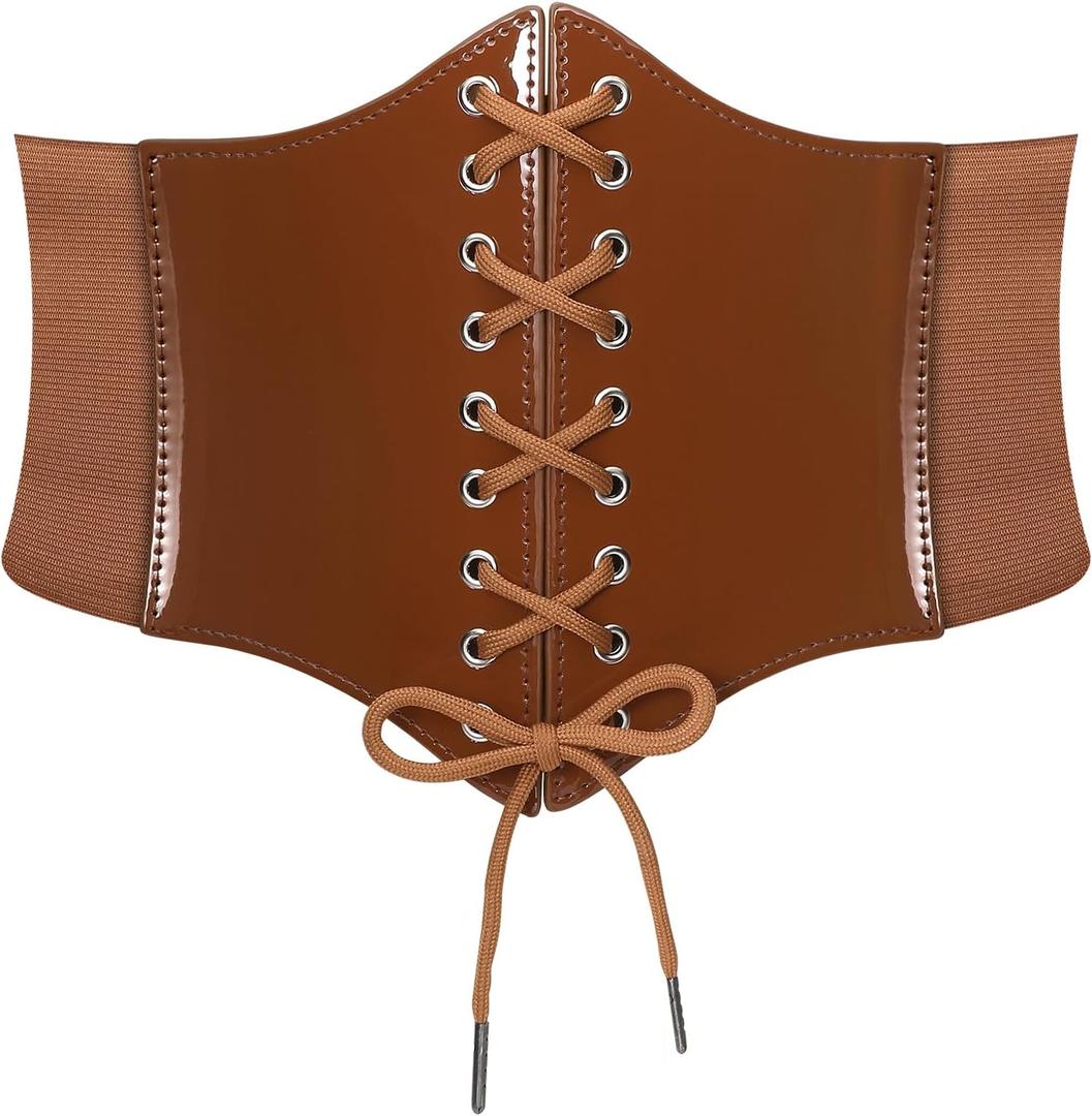 LEACOOLKEY Lace-up Cinch Belt Women Corset Waist Belt Tied Corset Elastic Belt Wide Belt for Women Dress Halloween(Fit Waist Size 32"-36", H-bright Brown)