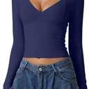 QINSEN Women's Long Sleeve V Neck T Shirts Double Lined Crop Top Seamed Cup Going Out Tops, S