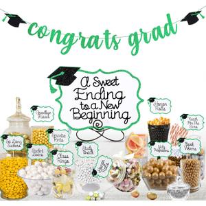 Green 2026 Graduation Candy Bar Signs Graduation Table Candy Buffet Labels for 2026 Graduation Dessert Food Label Table Party Decorations Green