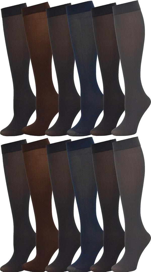 Winterlace Womens Trouser Socks, Opaque Stretchy Nylon Knee High, Many Colors, 6 or 12 Pairs