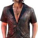 Mens Mesh Sequins See Through 70s Disco Long Sleeve Button Down Shirts (Large, Black Silver-short Sleeve)