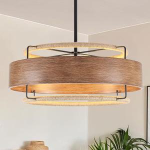 24" Farmhouse Rattan Chandelier 4-Light Boho Wood Texture Chandelier
