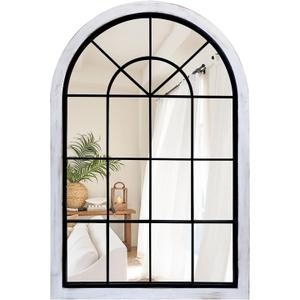 G-LEAF Arched Windowpane Wall Mirror 24"x36",Rustic Farmhouse Accent Mirror,Wood Framed Entry Mirror for Living Room,Bedroom,Kitchen (White)