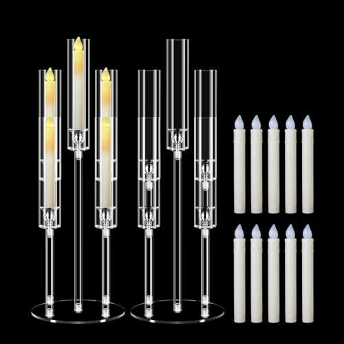 2 Set 5 Arm Acrylic Candle Holder with Candles, Mjkeomo 27'' Tall Table Candelabra, Complete Centerpiece Set for Fireplace Mantel, Wedding, Housewarming Gift