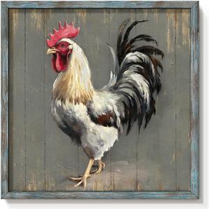 Rooster Wooden Wall Art Decor: Farm Cock Picture Country Animal Framed Artwork Rustic Farmhouse Chicken Painting for the Kitchen Living Room 16"x16"