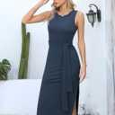 Missufe Women's Round Neck Sleeveless Tie Waist Knit Side Slit Slim Tank Midi Dress (Blue)