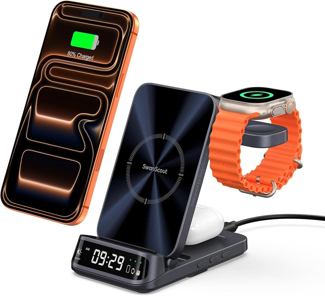 SwanScout Wireless Charger for iPhone Air/17/16/15/14/13/12 Series, 3 in 1 Charging Station for Apple Watch 11/10/9/8/7/6, Ultra 3/2, for AirPods Pro 3/Pro 2/4/3, SwanScout 708A (NO Adapter)