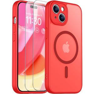 SPIDERCASE Designed for iPhone 15 Case, Magnetic Translucent with 2PCS Tempered Glass Screen Protector [Full Camera Protection] Anti-Fingerprint Phone Case for iPhone 15 6.1'',Red