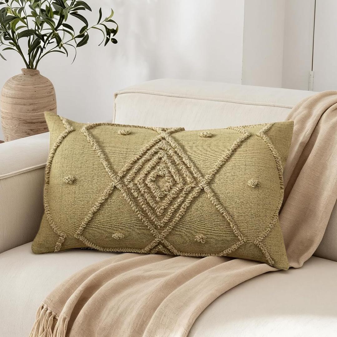 Boho Geometric Textured Lumbar Pillow Cover 12x 20, Woven Tufted Neutral Decorative Linen Pillow Cushion Case, Farmhouse Home Decor for Outdoor Couch Bedroom Car Sage Green (Olive)