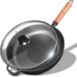 12" Cast Iron Skillets with Lid & Removable Wooden Handle, Pre-Seasoned Frying Pan for Stove, Oven, Grill & Campfire Cooking (1, 12")