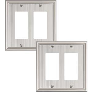 2-Pack Decorative Double Decorator Outlet Cover Plate, Durable Zinc Alloy Brushed Nickel Wall Plates for Electrical Outlets, Receptacle, GFCI Outlet, Dimmer Switch, 2-Gang