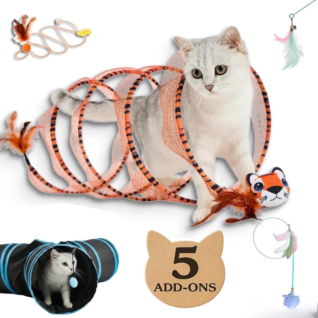Toy Box 5 Interactive Indoor Cat Toys with Spiral Tunnel, 3-Way Mesh Tunnel, Feather Wand, Ribbon Teaser & Suction Cup for Active Cats